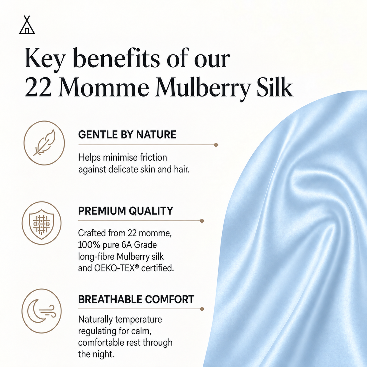 An informational graphic detailing the benefits of 22 Momme Mulberry Silk, featuring text and icons for 'Gentle by Nature', 'Premium Quality', and 'Breathable Comfort' alongside a light blue mulberry silk fabric texture on the right.