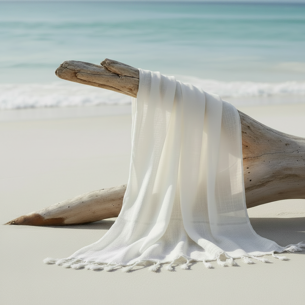 Ivory linen scarf on driftwood beach 1:1